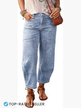 High Rise Barrel Jeans Elastic Waist Cropped Tapered Balloon Denim Pants Y2K